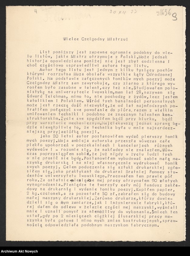 image.from.unit.number "Teal Herbert G. - Tęgi Franciszek; Rękopis Kazimierza Tetmajera "słowa do kantaty" przechowywany oddzielnie"