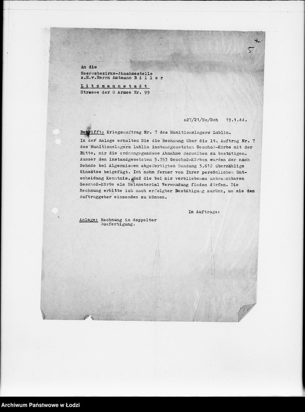 Obraz 11 z jednostki "Auftrag 5934. Warenverwertung an den Judenältesten für Munitionslager Lublin. Geschosskörbe"