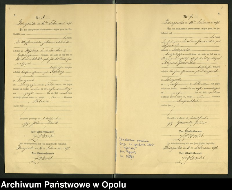 Obraz 8 z jednostki "Urząd Stanu Cywilnego Dziergowice Księga urodzeń rok 1898-99"