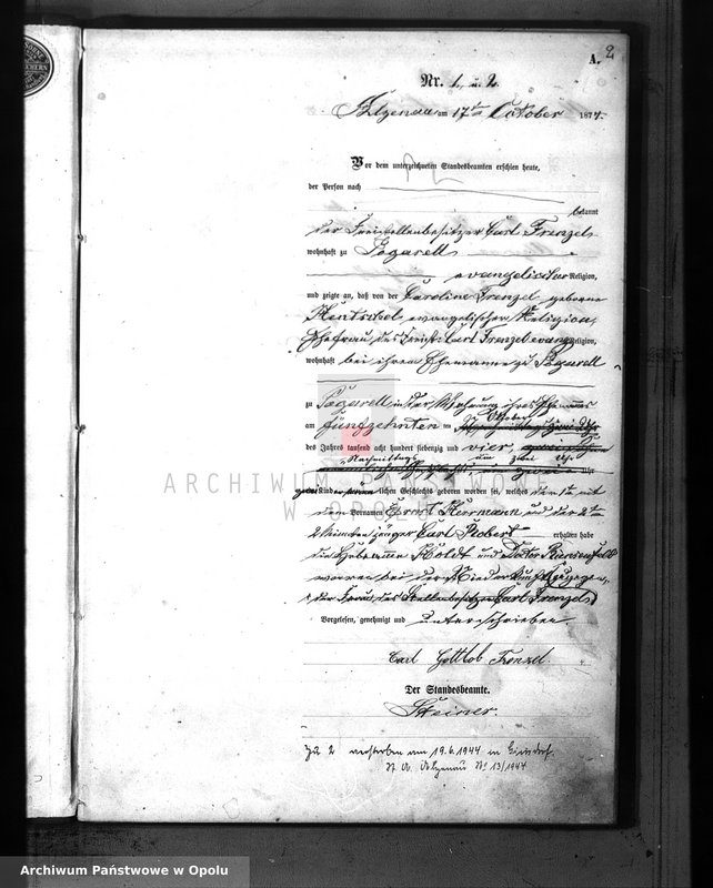 Obraz z jednostki "Geburts-Haupt-Register des Standes-Amtes Alzenau pro IV-tes Quartal 1874"