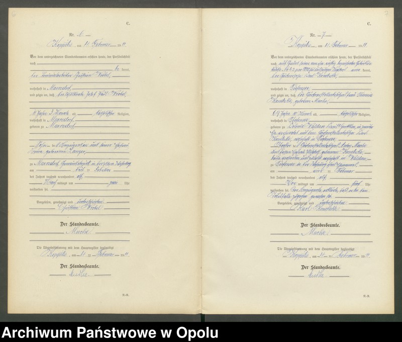 Obraz 6 z jednostki "Sterbe-Register (Neben-Register) Standesamt Koppitz 1911 No. 1 bis 72"