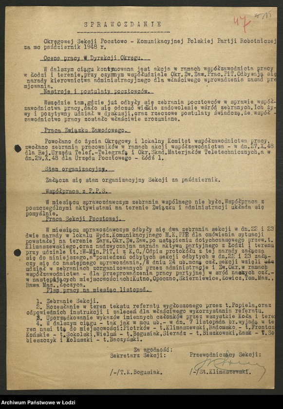 Obraz 16 z jednostki "Sekcja Pocztowa; sprawozdania [z działalności], protokoły [narad], plany pracy, referaty i rezolucje"