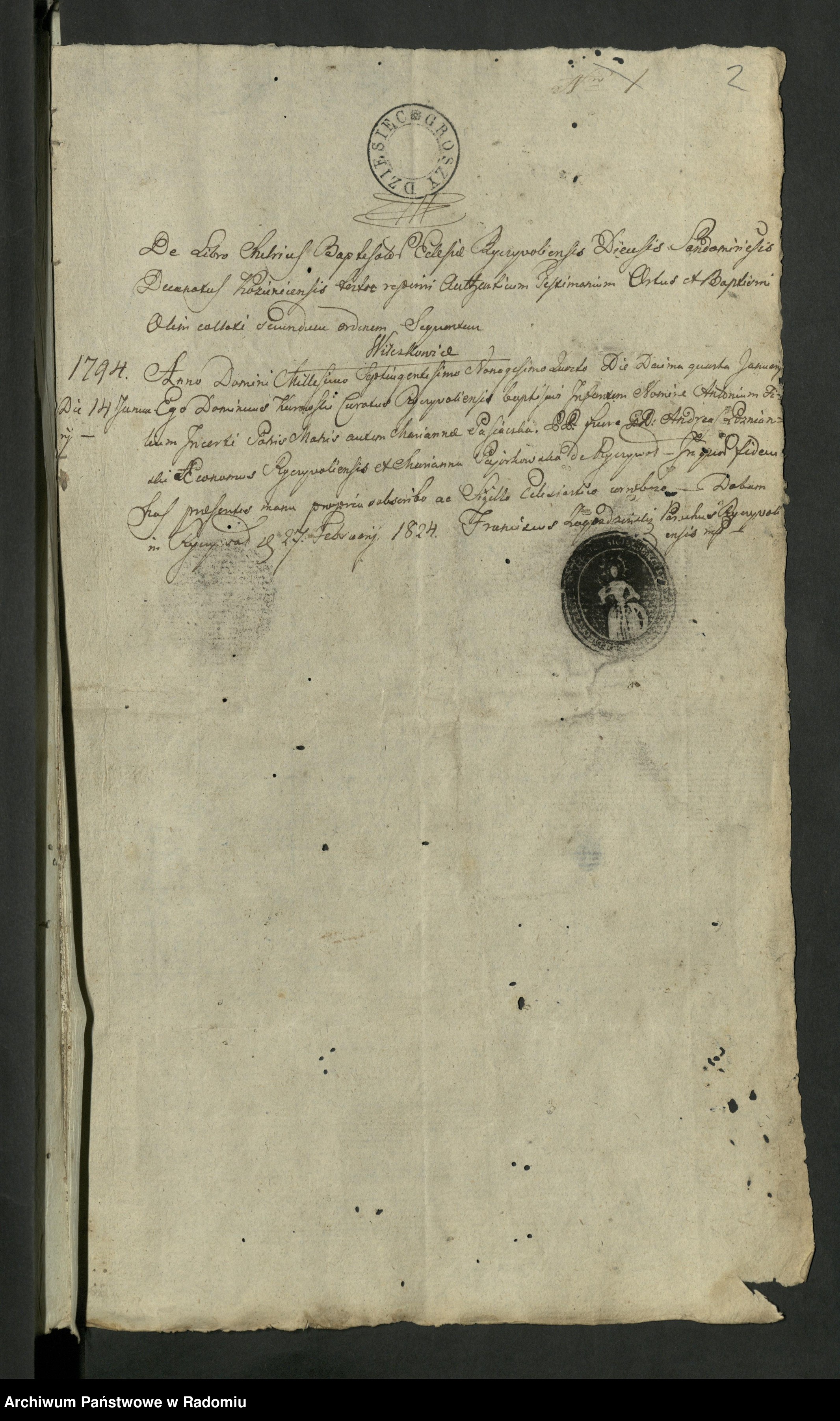 Skan z jednostki: Allegata z Roku 1825 z Parafii Kozienickiej do Akt Stanu Cywilnego Urodzenia, Zejścia i Zaślubienia