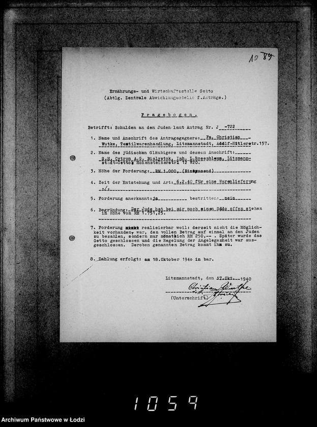 Obraz 14 z jednostki "J.721-740 [Wnioski Żydów z Getta o zwrot należności za dostarczony towar]"