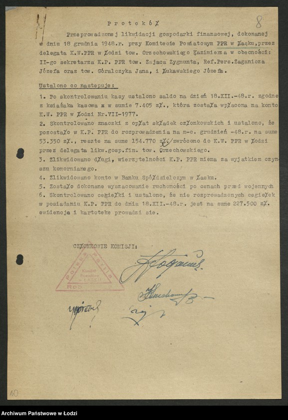 Obraz 9 z jednostki "Protokoły likwidacji gospodarki finansowej komitetów powiatowych i miejskich"