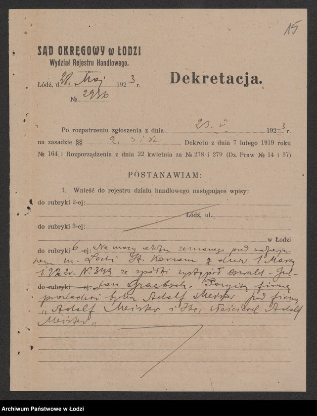 Obraz 17 z jednostki "Adolf Meister i S-ka- warsztaty elektrotechniczne i biuro instalacyjne"