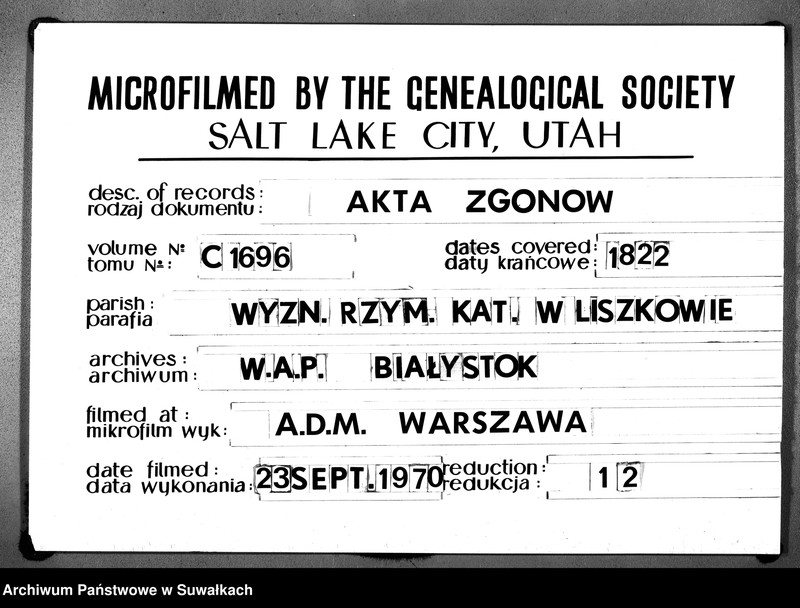 Obraz 1 z jednostki "Księga Aktów Zeyścia Urzędnika Stanu Cywilnego Gminy Liszkowskiey od 1- go stycznia 1822 roku"