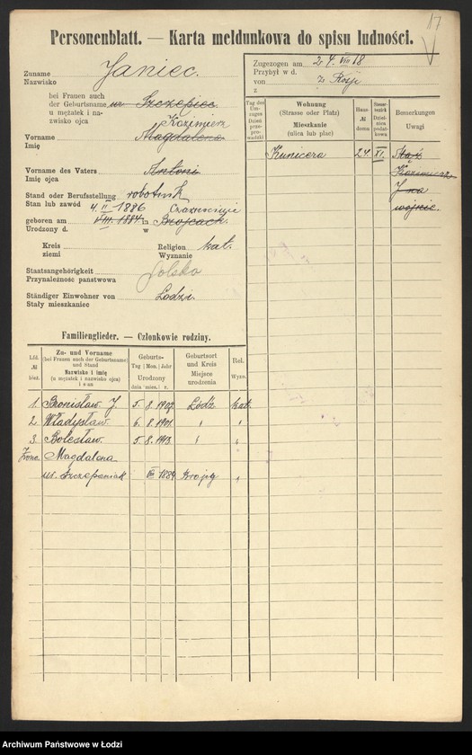 Obraz 19 z jednostki "[Spis ludności Łodzi] Janic - Janiszczak"