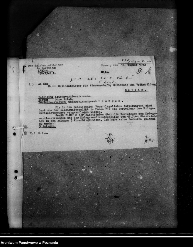 Obraz 13 z jednostki "Kriegsverdienstrauszeichnungen. Vorschläge der Reichsuniversität Posen"