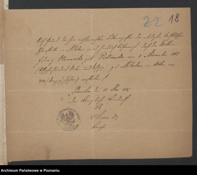 Obraz 20 z jednostki "Die von den Verlobten zum Aufgebot beigebrachten Urkunden pro 1877"