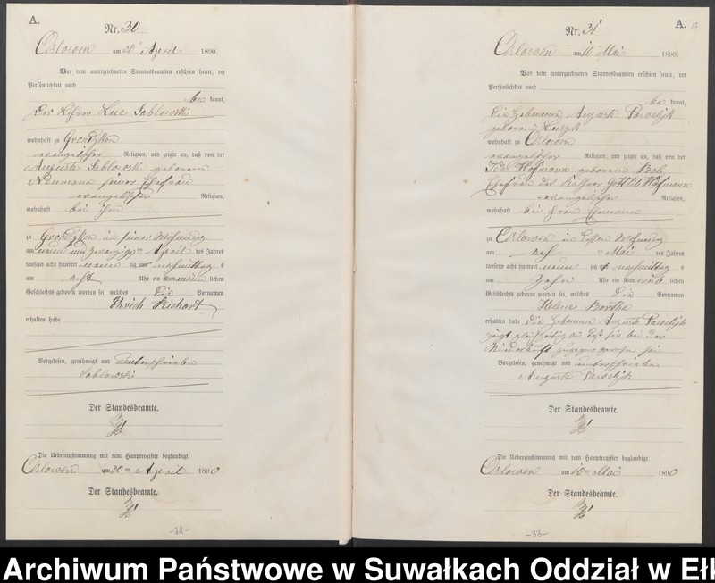 image.from.unit.number "Geburts-Neben-Register des Preussischen Standes-Amtes Orlowen Kreis Loetzen für das Jahr 1890"