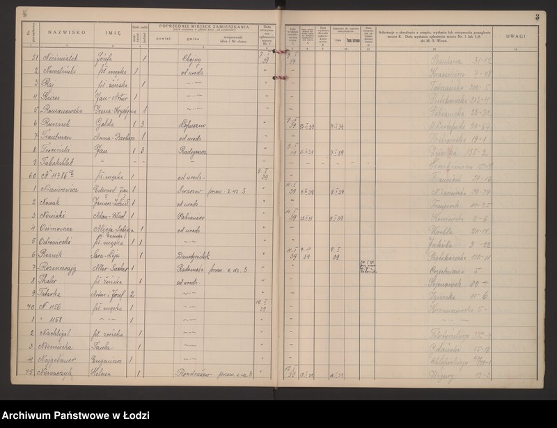 Obraz 7 z jednostki "Księga kontroli ruchu ludności (rejestr osób przybywających do gminy) Łódź, zespół VI, lit. N, O, R, T"