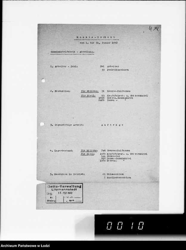 Obraz 8 z jednostki "Organisations im Getto. [Sprawozdania z działalności resortów i wydziałów administracji gettowej; produkcja, ruch ludności, sprawy policyjne]"