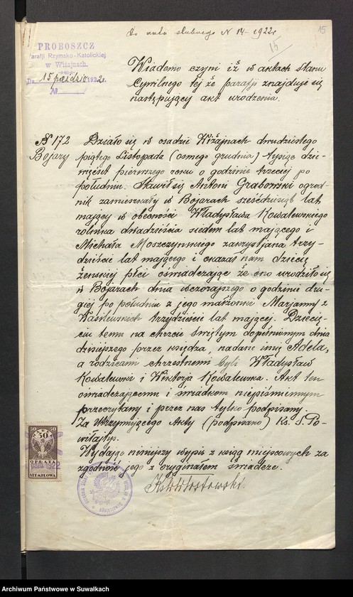 image.from.unit.number "Dokumenta so aktów ślubnych parafji Smolnickiej za 1922 rok"