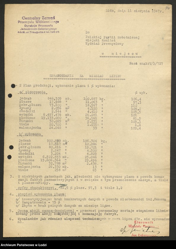 Obraz 13 z jednostki "Dyrekcja Przemysłu Jedwabniczo - Galanteryjnego; protokół z narady Dyrekcji, sprawozdania okresowe, raporty dzienne o wykonaniu planu produkcji"