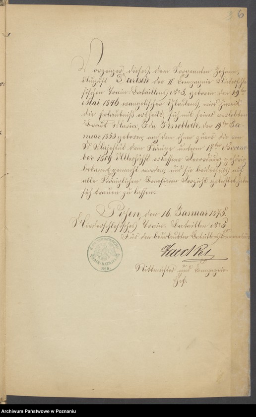 Obraz 8 z jednostki "Die von den Verlobten beigebrachten Urkunden zur Eheschliessung pro 1875"