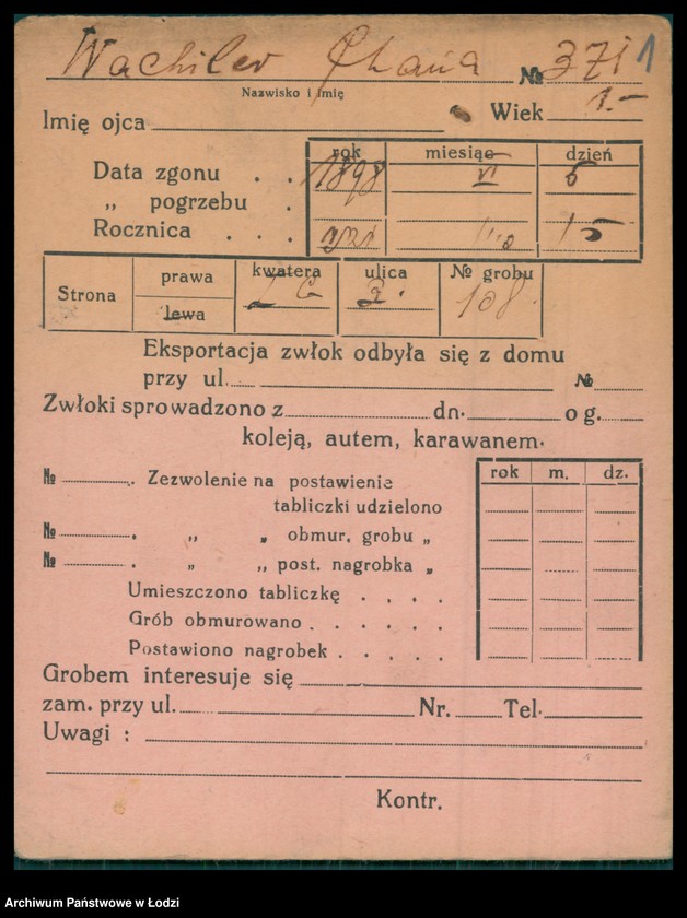 Obraz 2 z jednostki "Kartoteka osób pochowanych na cmentarzu żydowskim przy ulicy Brackiej w latach 1892-1953. Nazwiska na litery: Wac-Wajng"