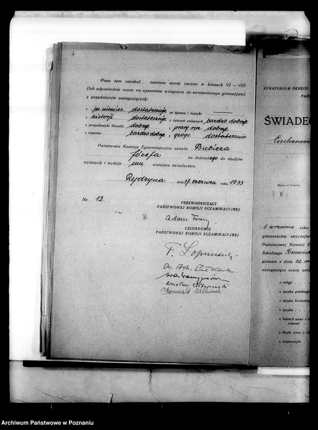 Obraz 10 z jednostki "Prywatne Gimnazjum imienia Sułkowskich w Rydzynie [odpisy świadectw egzaminu dojrzałości 1938 i 1939]"