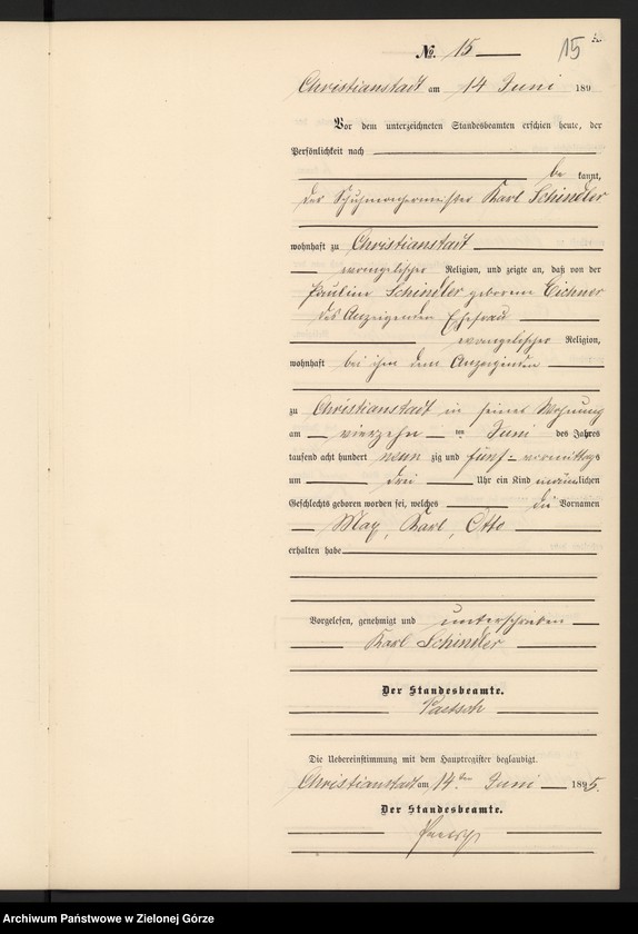 Obraz 18 z jednostki "Geburts-Neben-Register im Standes-Amt Christianstadt Kreis Sorau 1895"