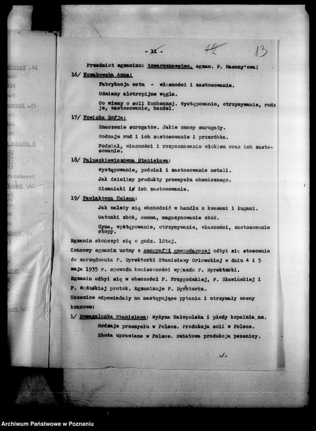 Obraz 18 z jednostki "Państwowa Szkoła Przemysłowo Handlowa Żeńska- Leszno [protokół z egzaminu końcowego]"