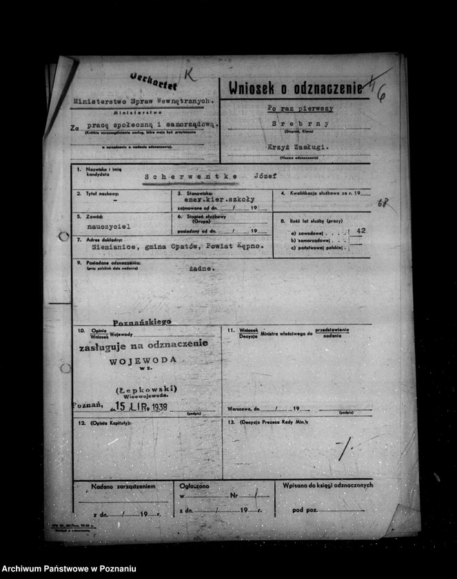 Obraz 11 z jednostki "/Wnioski o odznaczenie ,,Krzyżem Zasługi/"