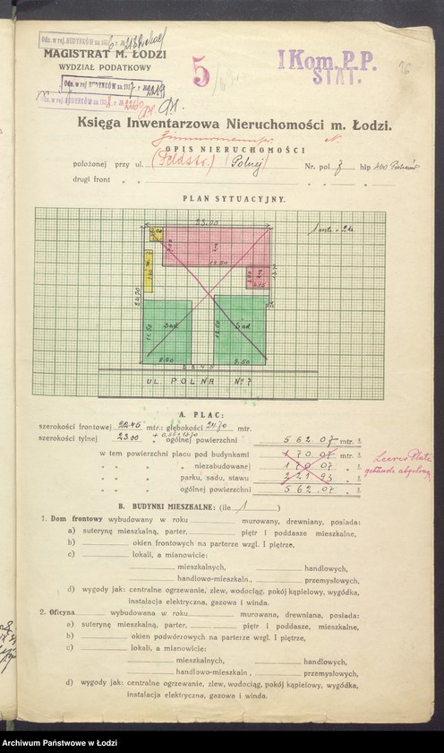 Obraz 18 z jednostki "Księga inwentarzowa nieruchomości m. Łodzi ul. Polna"