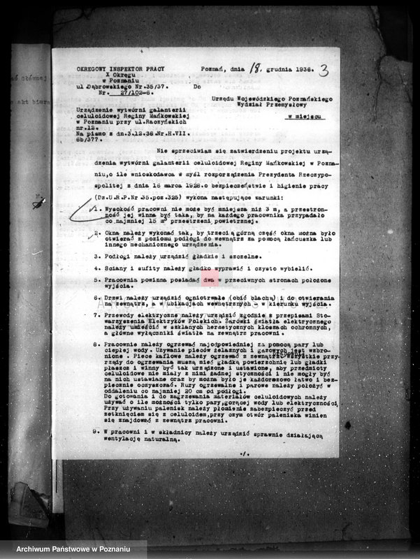 Obraz 7 z jednostki "Zatwierdzenie zakładu przemysłowego /wytwórni galanterii celuloidowej/ Mańkowskiej Reginy w Poznaniu"