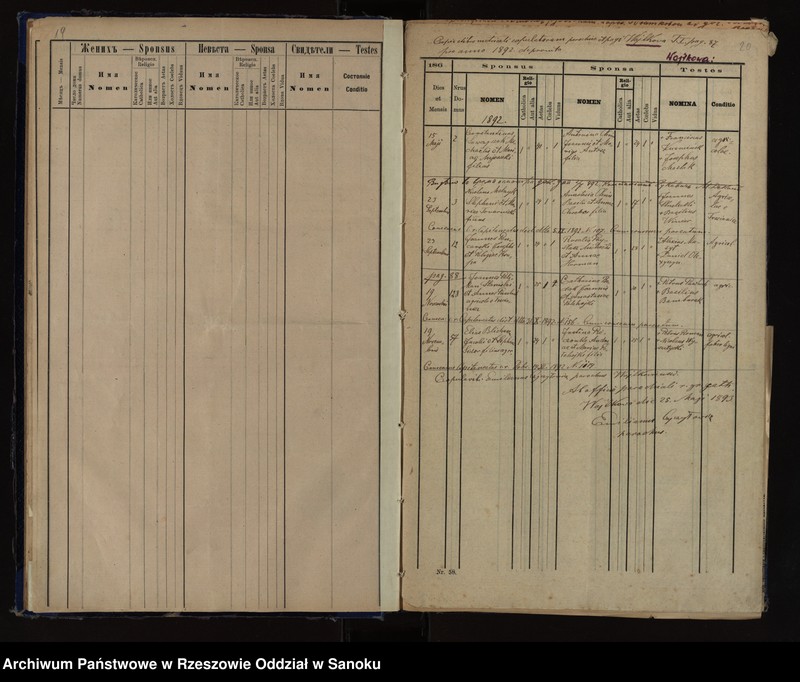 Obraz 14 z jednostki "Księga małżeństw z lat 1880-1900, 1904, 1907-1924, 1930-1937 i zgonów z lat 1891-1900, 1904, 1907-1924, 1930-1937 dla miejscowości Wojtkowa, Jureczkowa, Nowosielce Kozickie"