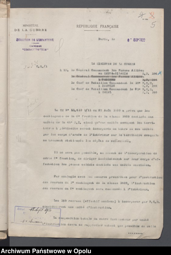 Obraz 8 z jednostki "Recrutement-Effectifs-Renforts-Situations /Korespondencja dotycząca uzupełnień, demobilizacja, wzmocnienie stanów liczebnych oddziałów/ 3.09.1920"