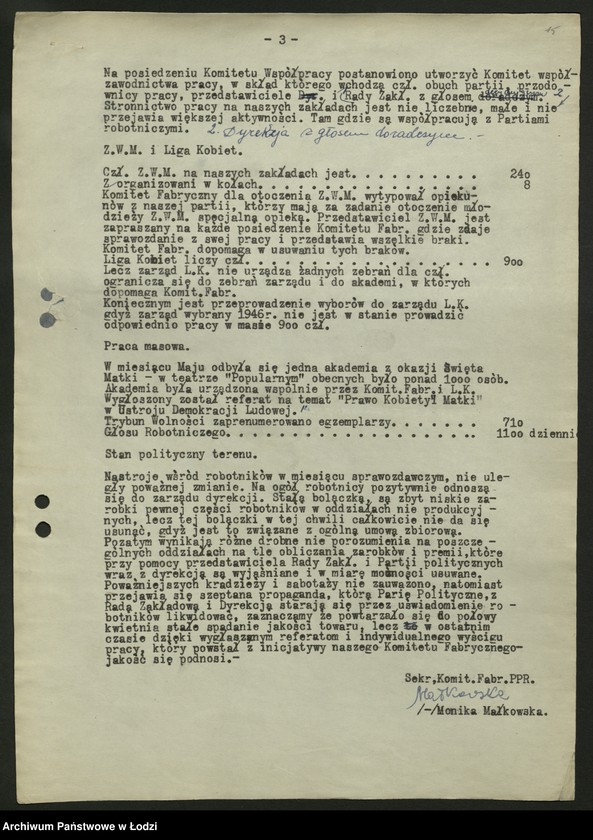 Obraz 16 z jednostki "Sprawozdania miesięczne komitetów fabrycznych zakładów wydzielonych t. 1"