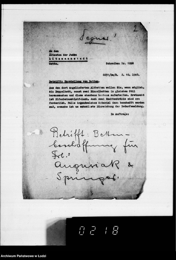 Obraz 6 z jednostki "Korrespondenz betr.Versicherung der im Getto zur Konfektionierung umlaufenden Wehrmachtsuniformen und Aufstellung über ausgeführte Transporte."
