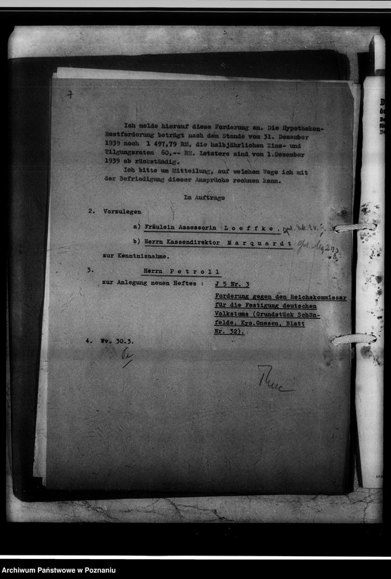 Obraz 11 z jednostki "Forderung gegen den Reichskommisar für die Fertigung deutschen Volkstums [Grundstück Schönfelde, Kreis Gnesen Bl. Nr.32]."