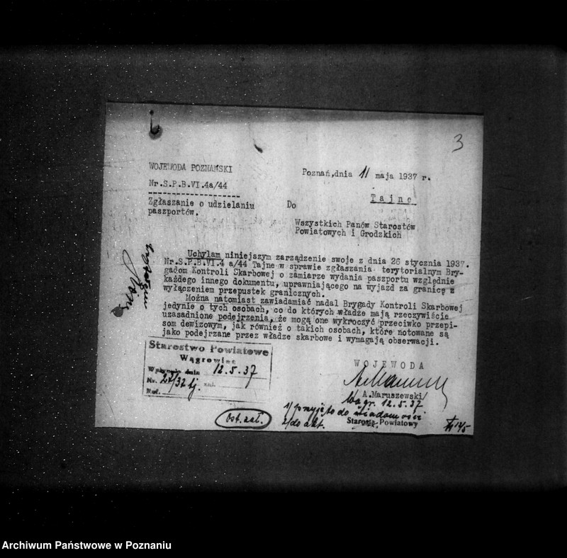 Obraz 7 z jednostki "/Zgłaszanie o udzieleniu paszportów - zarządzenia tajne, generalia/"