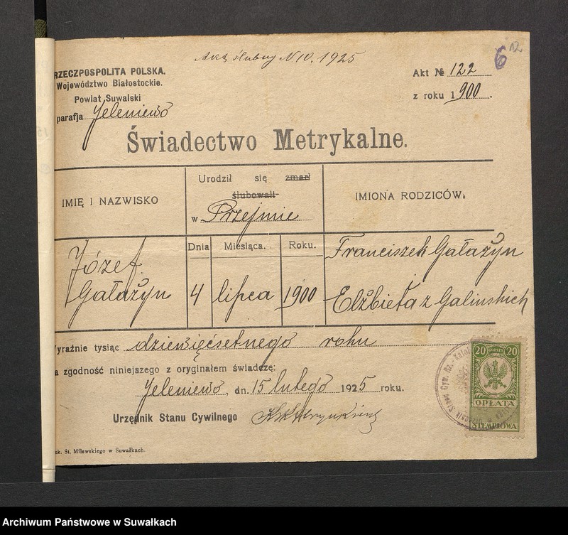 image.from.unit.number "Aneksa do Aktów zaślubionych par Puńskiej z roku 1925"