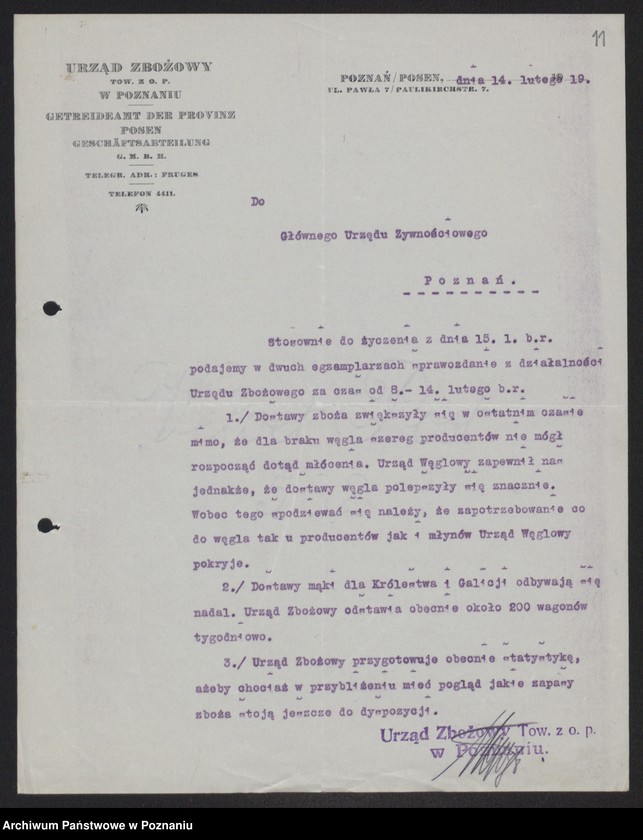 Obraz 13 z jednostki "[Sprawozdania Urzędu Zbożowego w Poznaniu dla Departamentu Aprowizacji byłej Dzielnicy Pruskiej]"