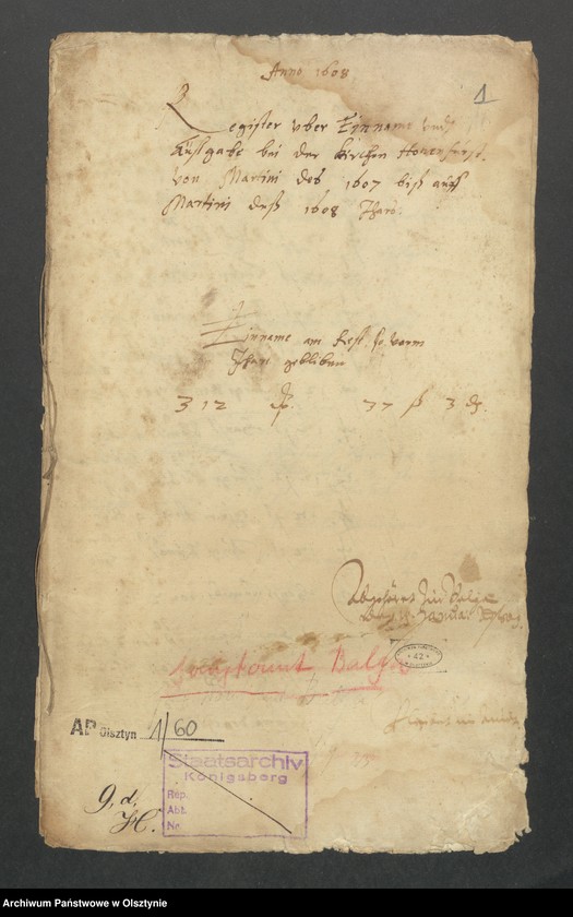 image.from.unit.number "Register uber Einname undt Ausgabe bei der Kirchen Hohenfurst von Martini des 1607 biß auff Martini 1608 Jahrs"