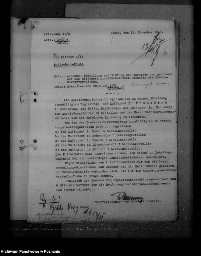 Obraz 10 z jednostki "Annahme, Ausbildung und Prüfung der Anwärter des gehobenen u. des mittleren nichttechnischen Dienstes der landeskulturverwaltung"