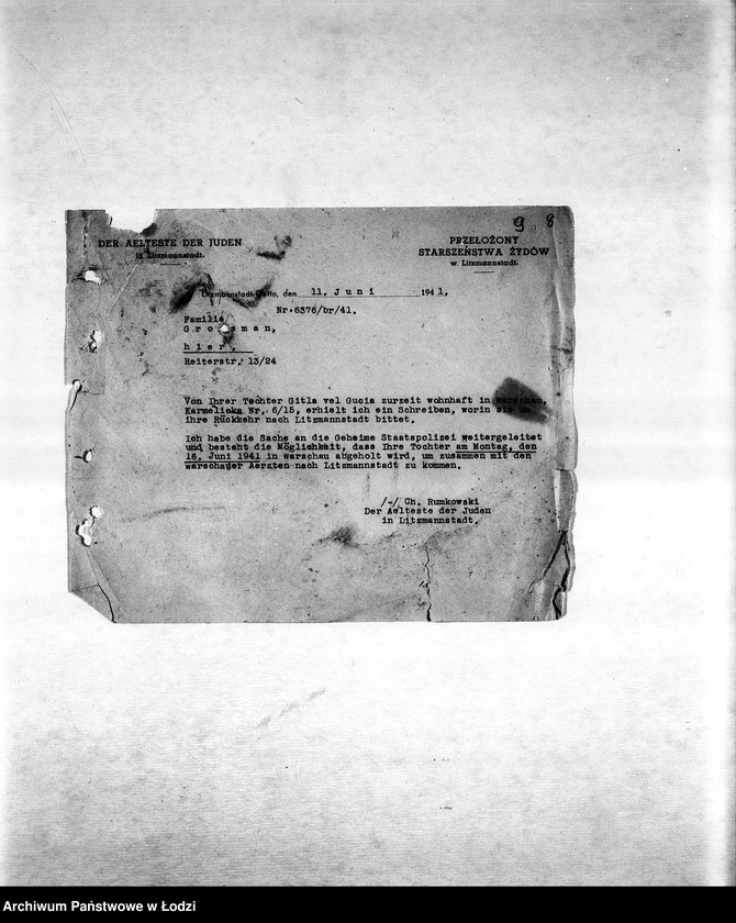 Obraz 12 z jednostki "[Korespondencja PSŻ w sprawie ruchu ludności getta, indywidualnych przesiedleń, przekazywania dzieci do getta itp.]"