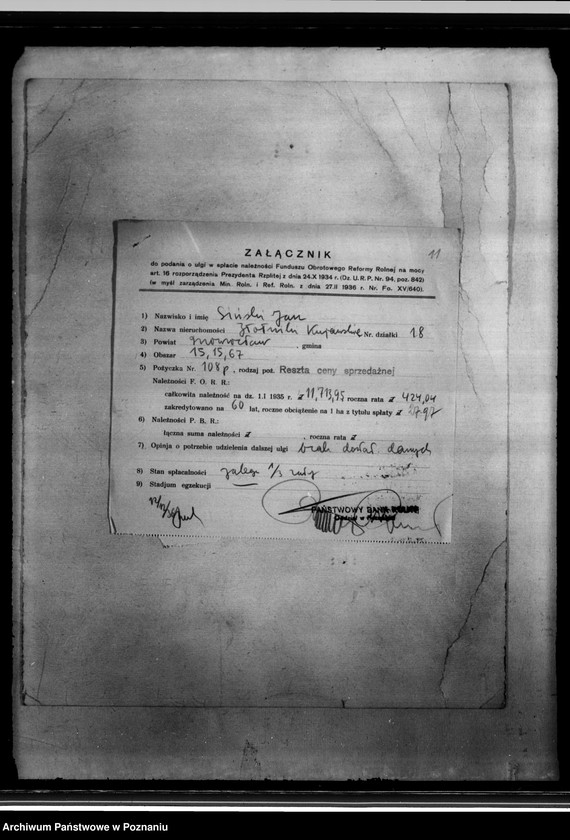 Obraz 15 z jednostki "Podania osadników z parcelacji polskiej o zmniejszenie zadłużenia na podstawie art. 16. rozporządzenia Prezydenta Rzeczpospolitej z dnia 24.X.1934 r. z terenu powiatu inowrocławskiego"