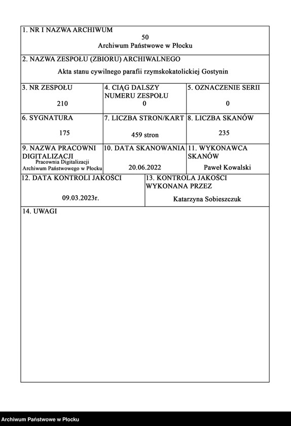 Obraz 1 z jednostki "Akta urodzeń, małżeństw i zgonów"