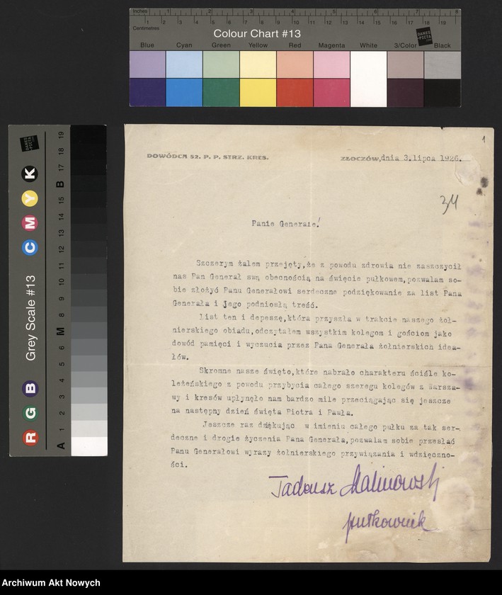 image.from.unit.number "Malinowski Tadeusz, pułkownik, dowódca 52 Pułku Piechoty Strzelców Kresowych. Podziękowanie, życzenia."