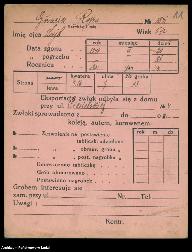 Obraz 12 z jednostki "Kartoteka osób pochowanych na cmentarzu żydowskim przy ulicy Brackiej w latach 1892-1955. Nazwiska na litery: Gl-Goldbe"