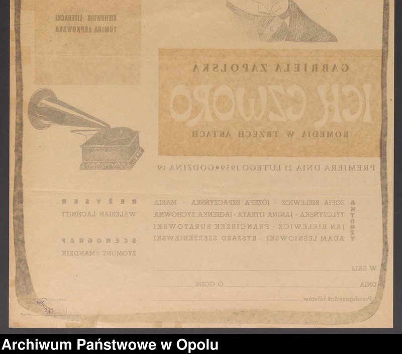 Obraz 5 z jednostki "[Afisz teatralny informujący wystawieniu sztuki Gabrieli Zapolskiej pt. "Ich Czworo" w Państwowym Teatrze Ziemi Opolskiej]"