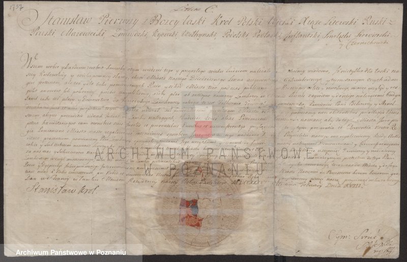 image.from.unit.number "Stanisław I /Leszczyński/, król polski ... oznajmia, że oddaje pod jurysdykcję miejską plac zamkowy z ogrodami, domostwami i Folbiernią Garnowską"