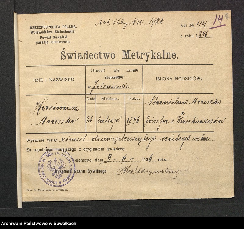 image.from.unit.number "Aneksa do aktów zaślubionych rz.kat. parafji Puńsk z r. 1926"