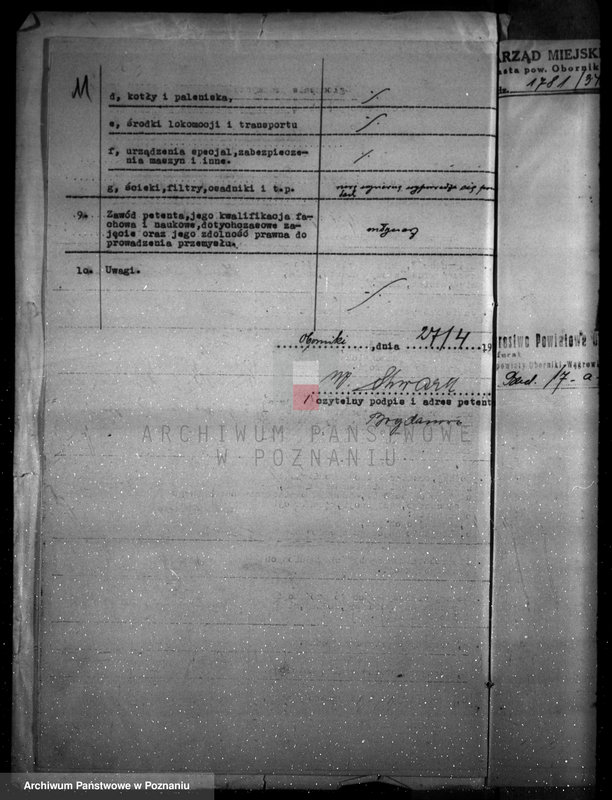 Obraz 15 z jednostki "Zatwierdzenie zakładu przemysłowego /śrutownika/ własność Schwarka w Obornikach"