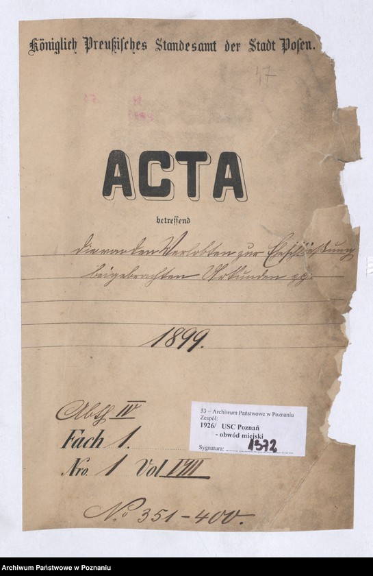 Obraz 2 z jednostki "Die von den Verlobten beigebrachten Urkunden zur Eheschliessung pro 1899"