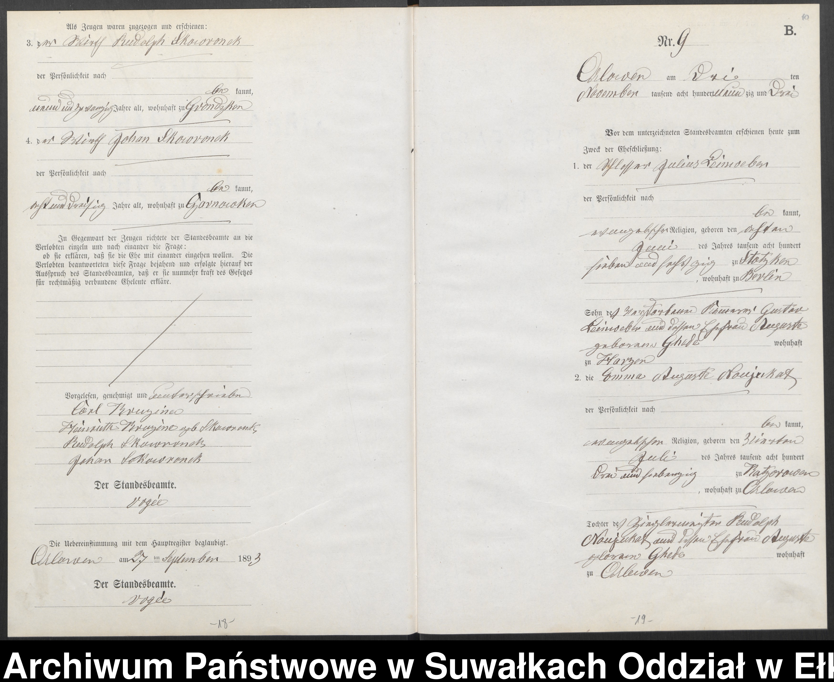 Skan z jednostki: Heiraths-Neben-Register des Preussischen Standes-Amtes Orlowen Kreis Loetzen für das Jahr 1893