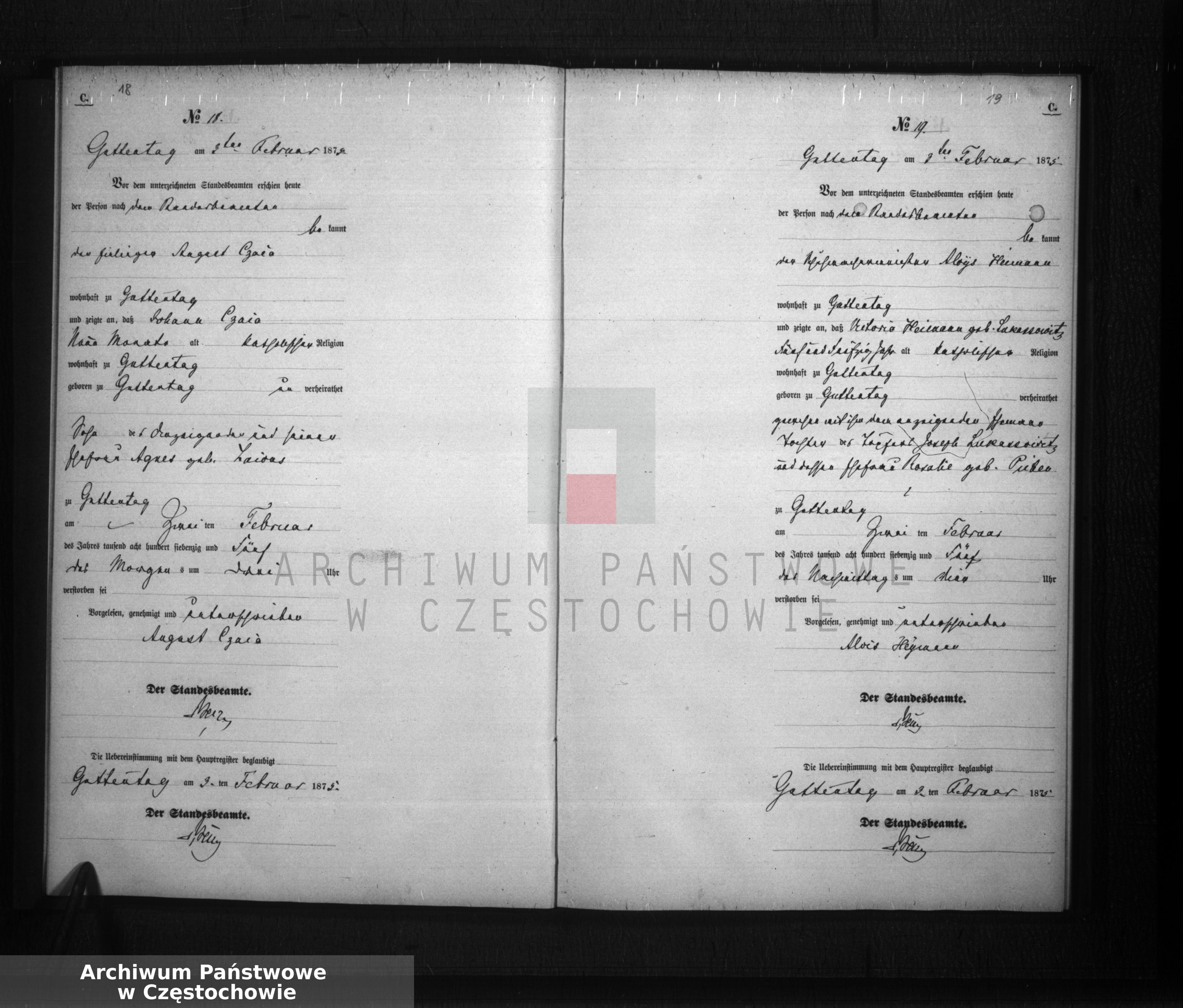 Skan z jednostki: Sterbe - Neben Register des Königlich Preussischen Standesamts Guttentag im Kreise Lublinitz pro 1875. Vol. I.