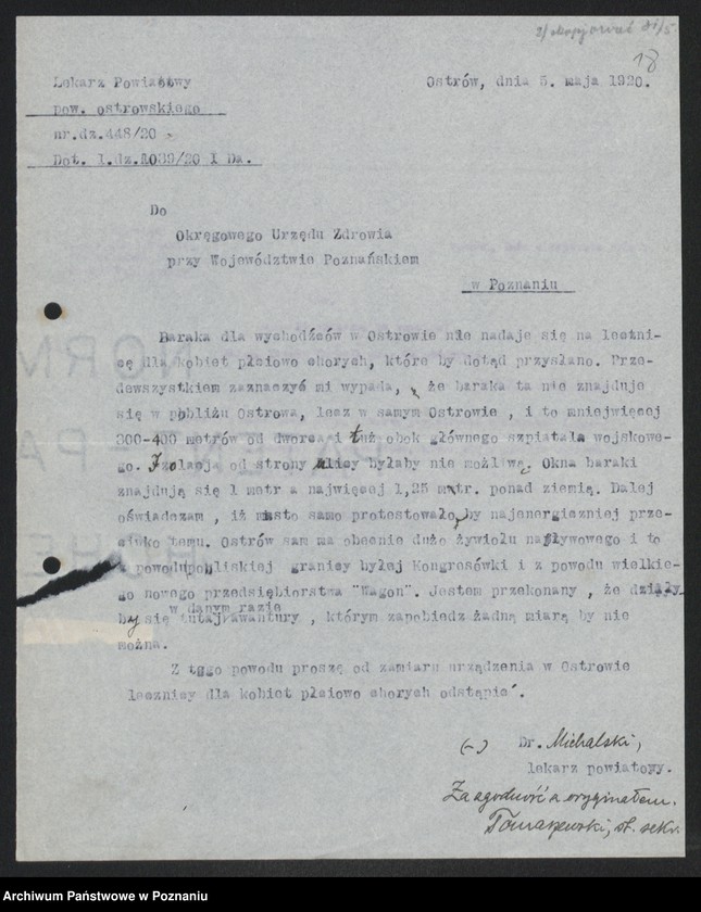 Obraz 20 z jednostki "Ministerstwo byłej Dzielnicy Pruskiej - Departament Zdrowia Publicznego. Akta w sprawie: Lecznic dla chorych wenerycznie kobiet [korespondencja]"